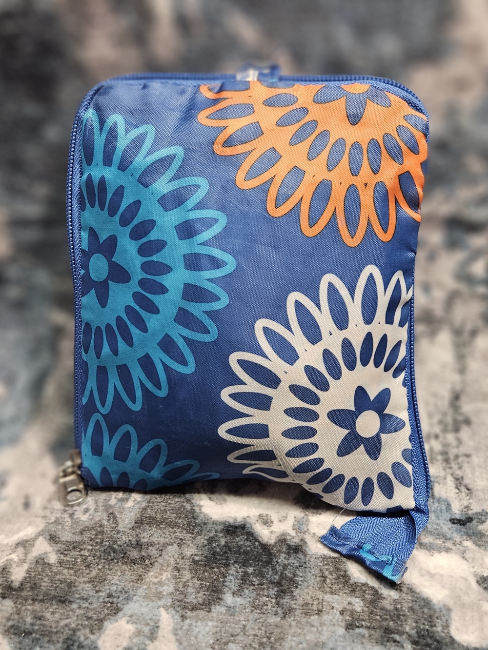 Vibrant Blue Floral Zip Pouch with Turquoise, Orange & White Blooms